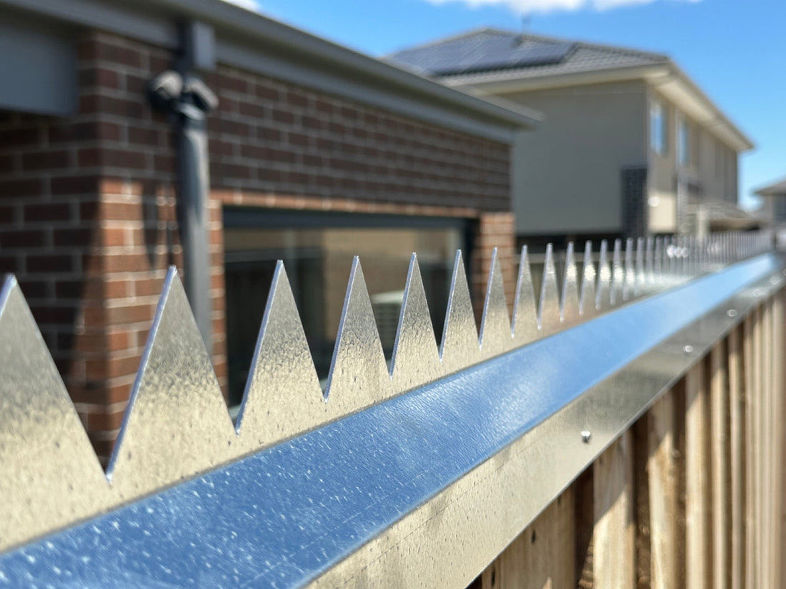 Croc top fence topper with a continuous row of galvanised steel teeth fitted along a timber fence